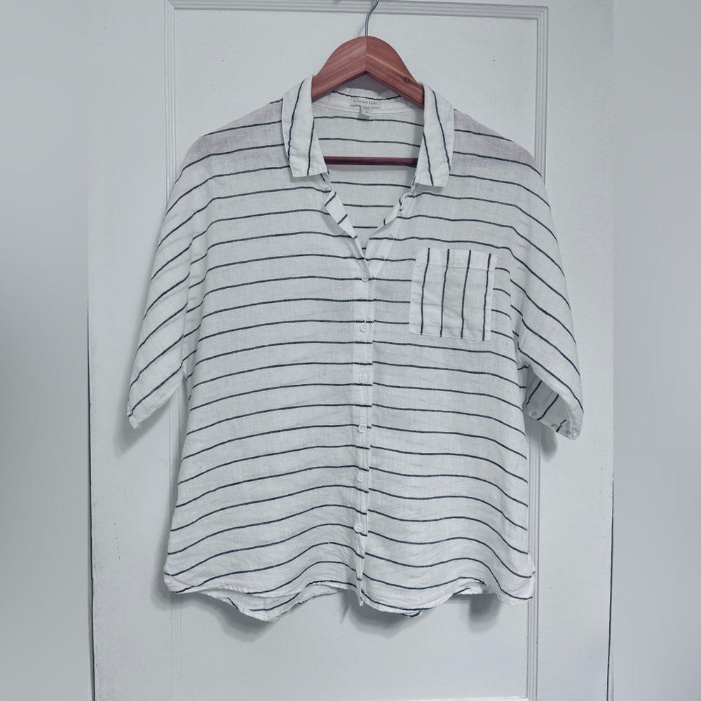 Garnet Hill Striped Linen Button-Up Shirt | Size 12